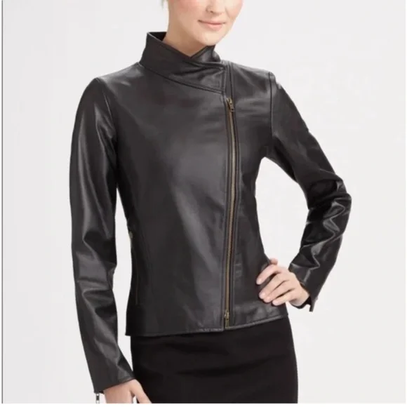 Eileen Fisher Leather black moto biker jacket Asymmetrical zip size small - Picture 2 of 16